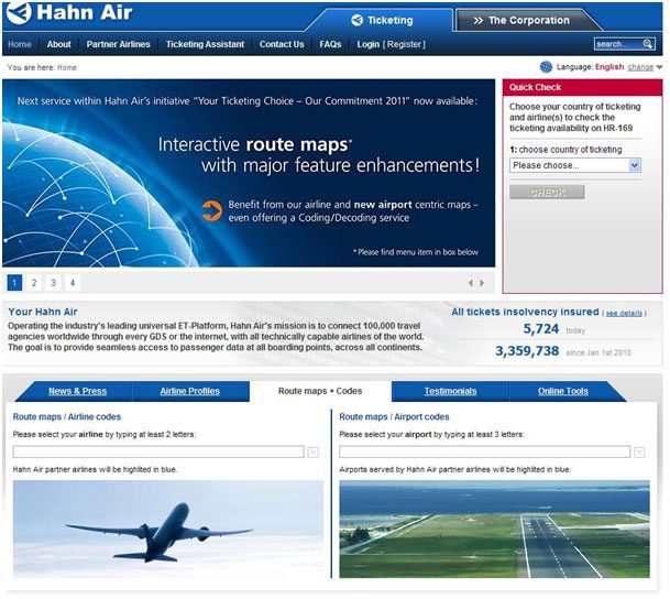 Website von Hahn Air Lines
