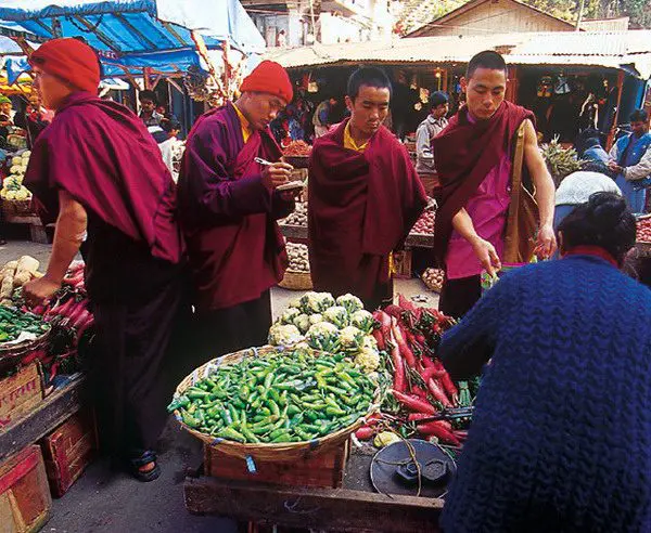 Buddhistische Mönche in traditionellen Roben vor einem Kloster in Ladakh, Himalaya-Region