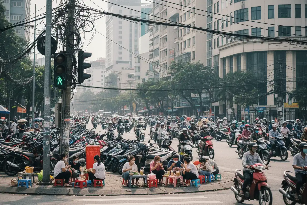 Chaotischer Straßenverkehr in Vietnam mit Rollern und Autos