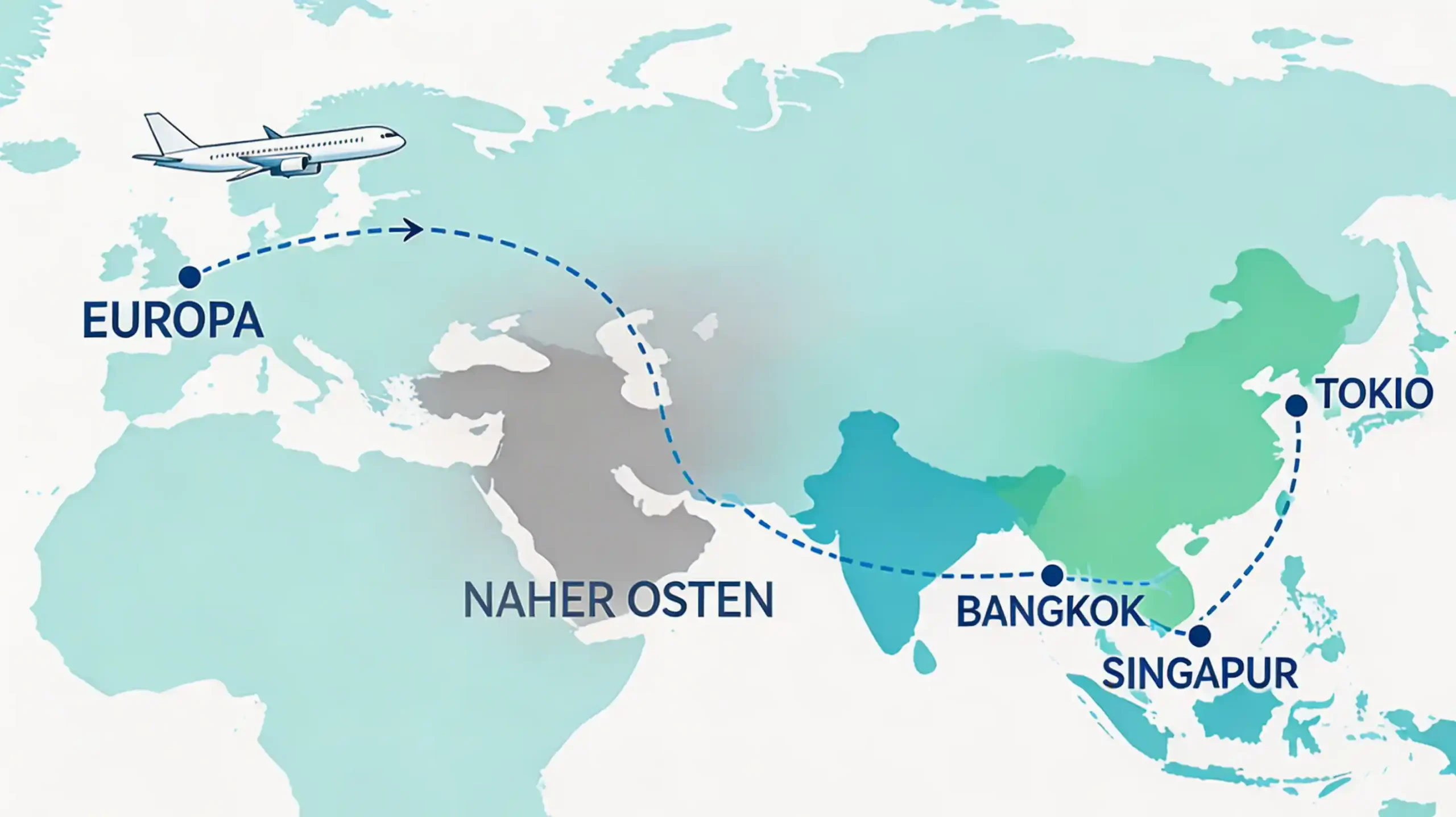 Karte der betroffenen Flugrouten und alternativen Routen nach Asien