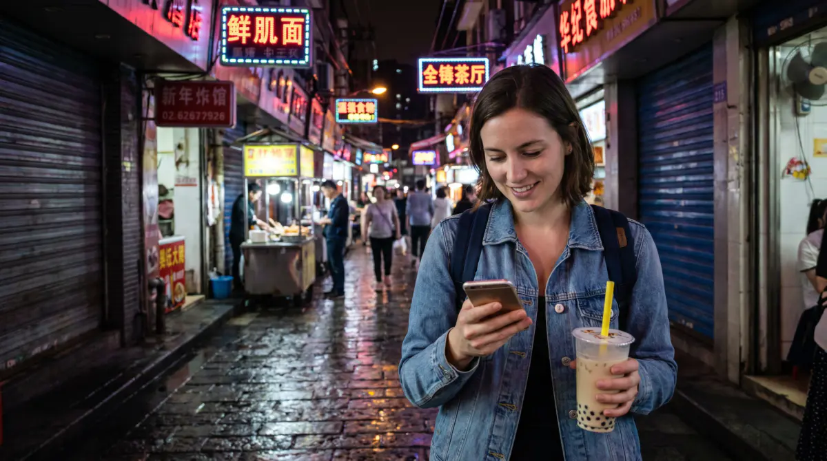 Frau mit Bubble Tea in chinesischer Stadt – sicheres Nachtleben