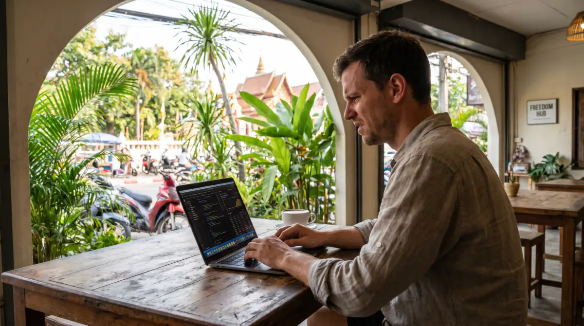 Digitaler Nomade arbeitet am Laptop mit Blick auf das Meer in Thailand