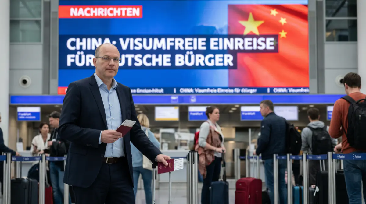 Mann mit Smartphone vor chinesischer Skyline – visumfreie Einreise für Deutsche